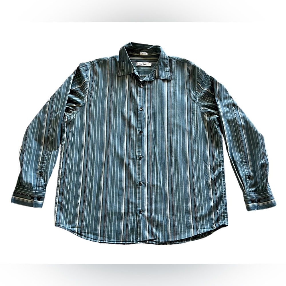 Calvin Klein Mens Button Up Dress Shirt Striped Blue Multi
